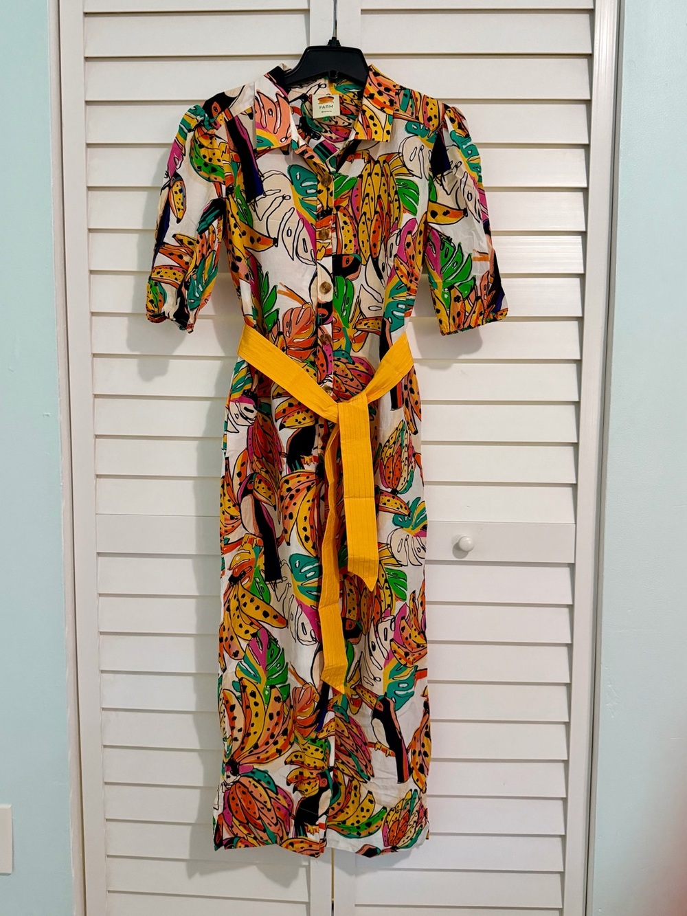 FARM Rio Multicolor Tropical Print Button-Front Jumpsuit with Yellow Belt